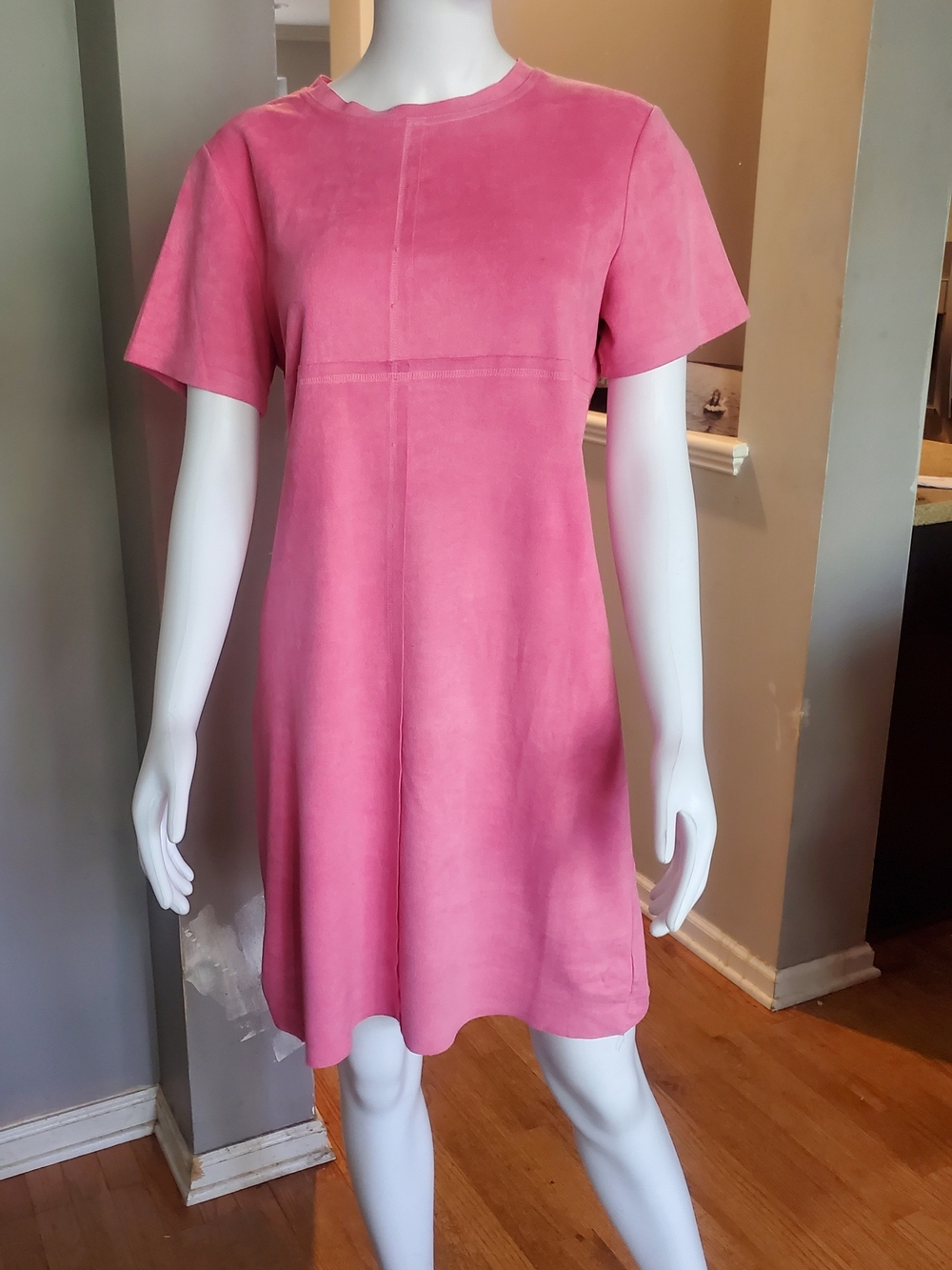 Pink Short-Sleeve Faux Suede Shift Dress